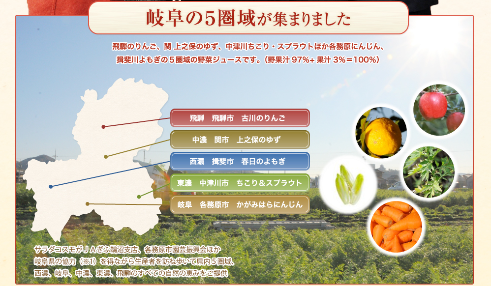 岐阜の５県域が集まりました。飛騨のりんご、関 上之保のゆず、中津川ちこり・スプラウトほか各務原にんじん、揖斐川よもぎの５県域の野菜ジュースです。（野果汁97％+果汁3％＝100％）。サラダコスモがＪＡぎふ鵜沼支店、各務原市園芸振興会ほか岐阜県の協力（※1）を得ながら生産者を訪ね歩いて県内５圏域、西濃、岐阜、中濃、東濃、飛騨のすべての自然の恵みをご提供
